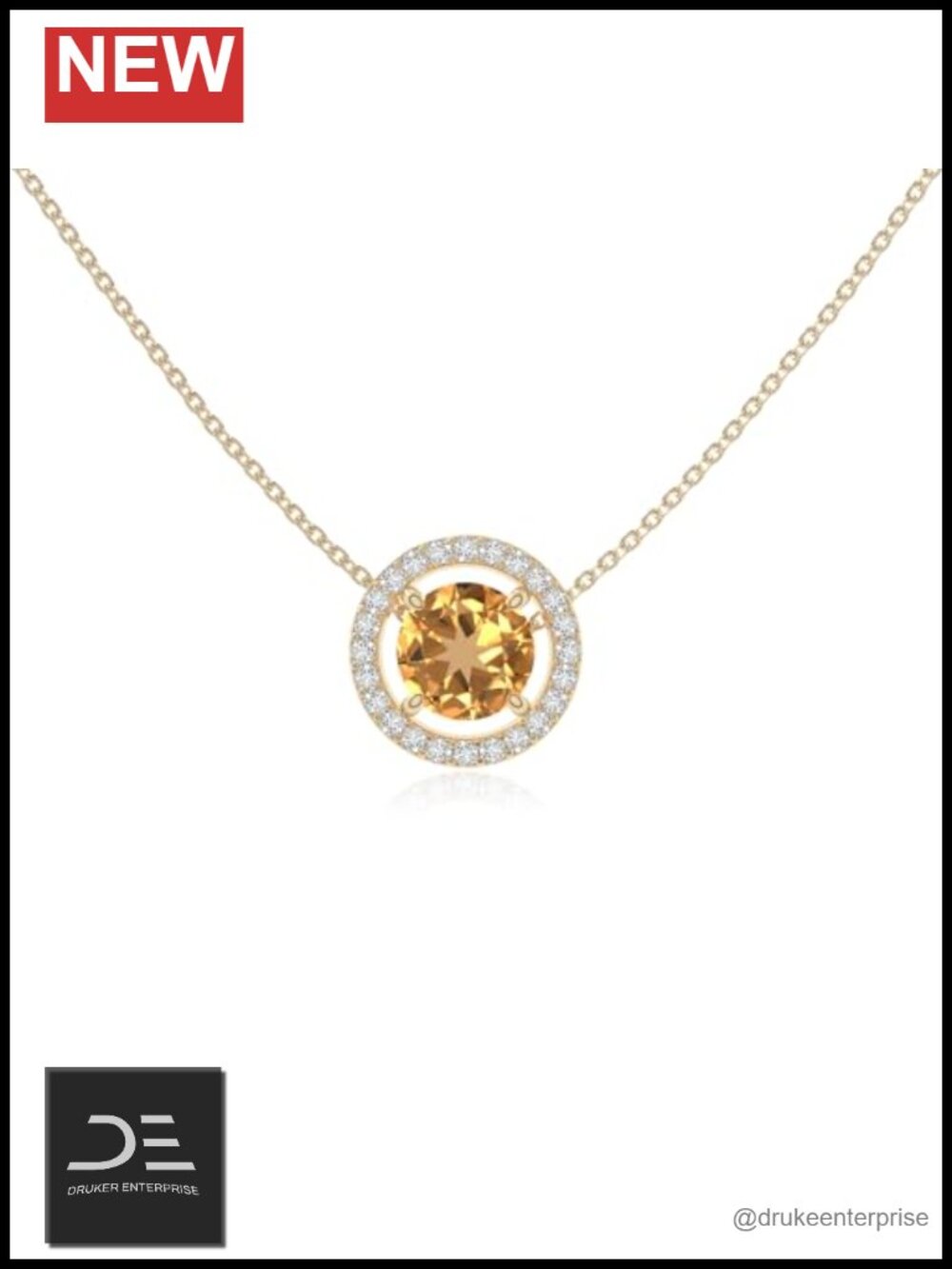 Citrine Moissanite Halo Pendant Necklace Sterling Silver Vermeil